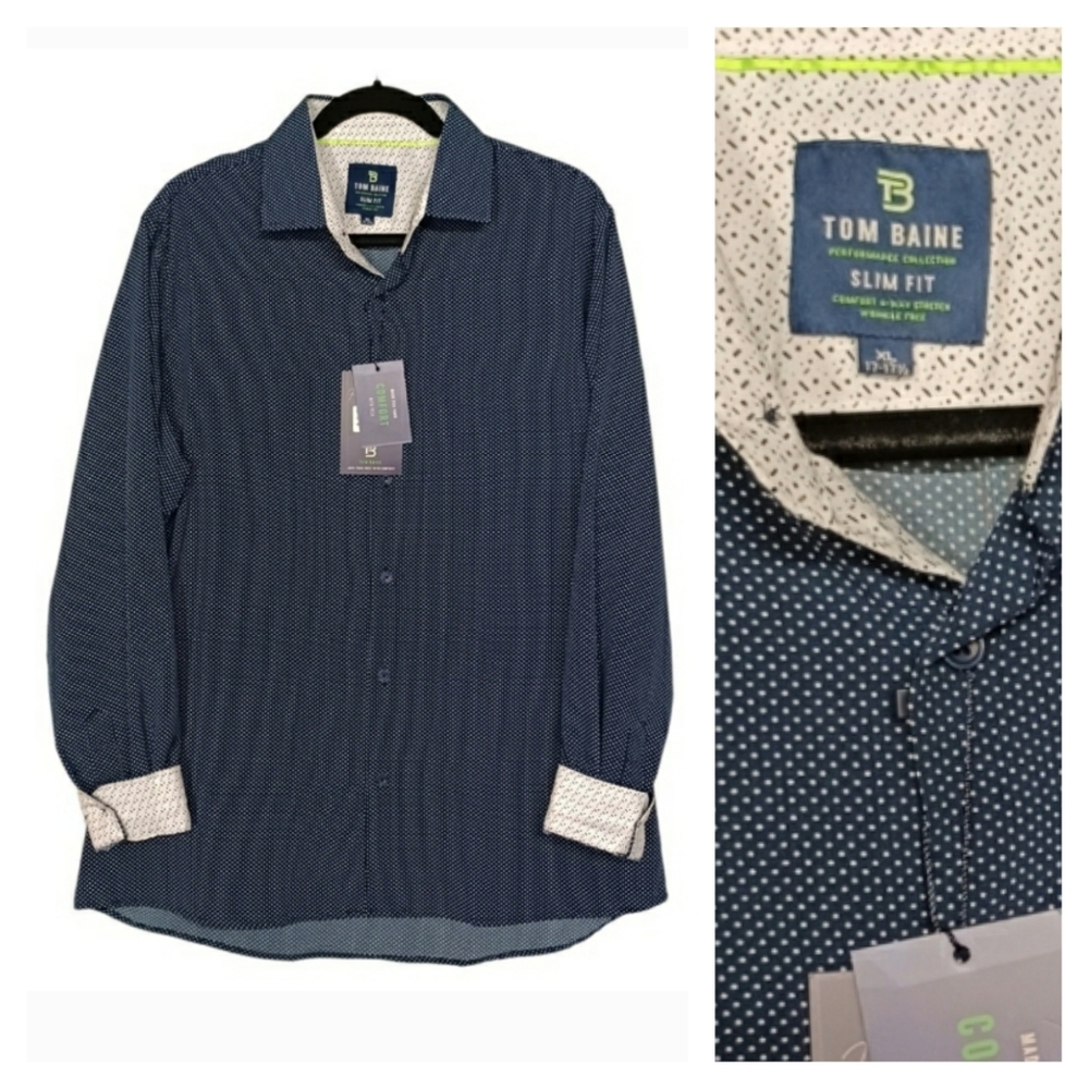 TOM BAINE Performance Collection Slim Fit Stretch Blue Dot Print Shirt XL NWT